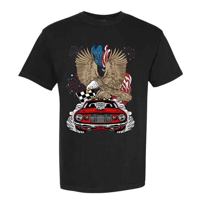 Auto Racing 4th Of July Eagle USA Flag Dragster Race Garment-Dyed Heavyweight T-Shirt