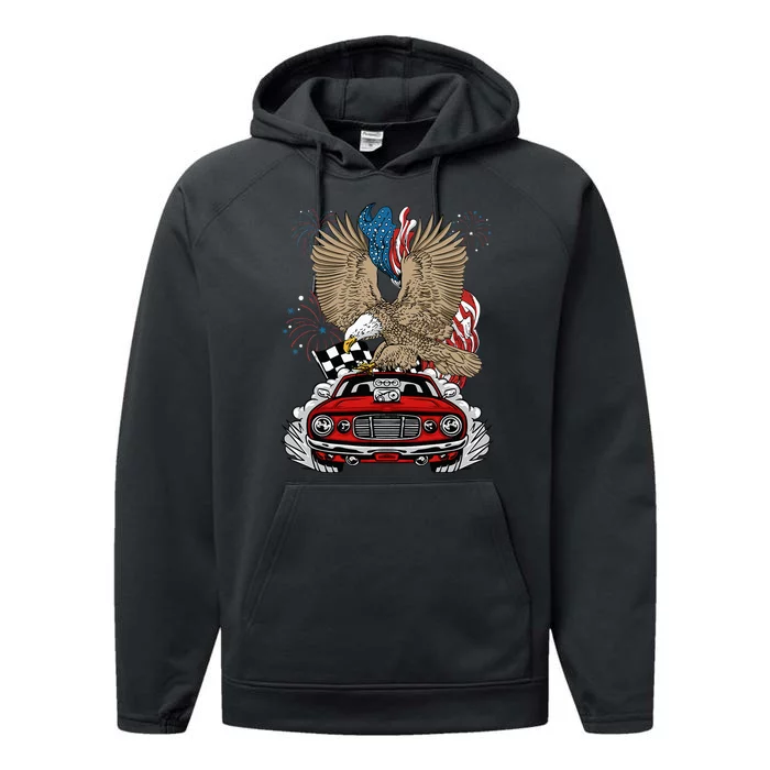 Auto Racing 4th Of July Eagle USA Flag Dragster Race Performance Fleece Hoodie