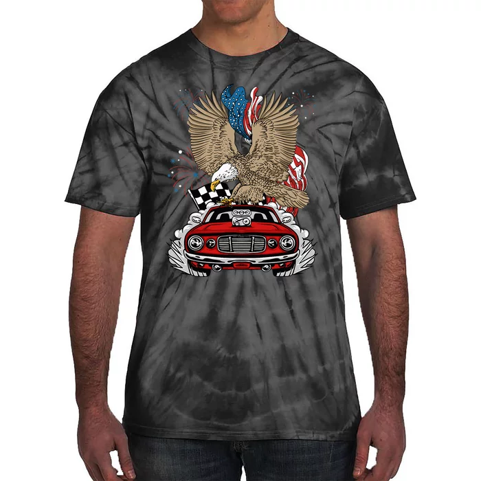 Auto Racing 4th Of July Eagle USA Flag Dragster Race Tie-Dye T-Shirt