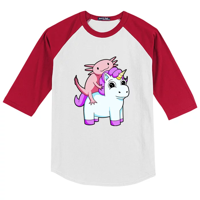 Axolotl Riding A Unicorn Funny Cute Kids Colorblock Raglan Jersey