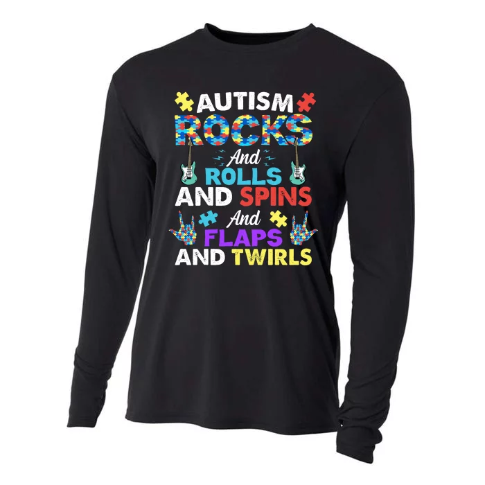 Autism Rocks And Rolls And Spins And Flaps And Twists Cooling Performance Long Sleeve Crew