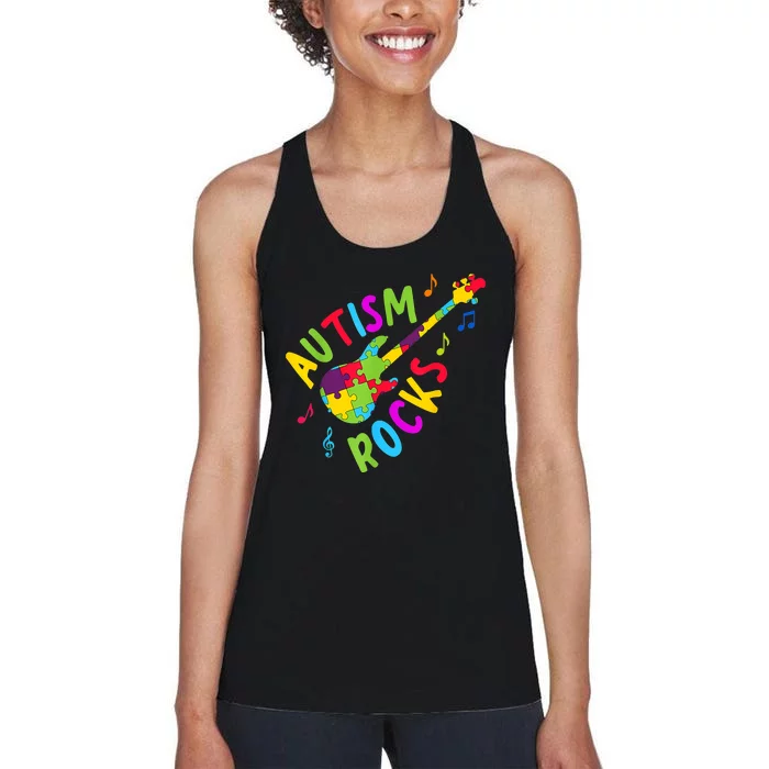 Autism Rocks Autism Awareness Guitar Puzzle Pieces Women's Racerback Tank