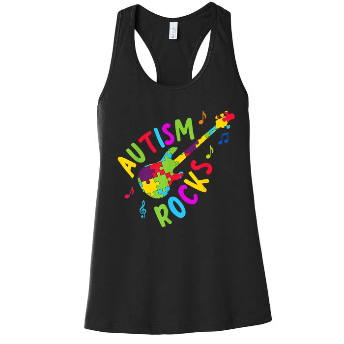 Autism Rocks Autism Awareness Guitar Puzzle Pieces Women's Racerback Tank