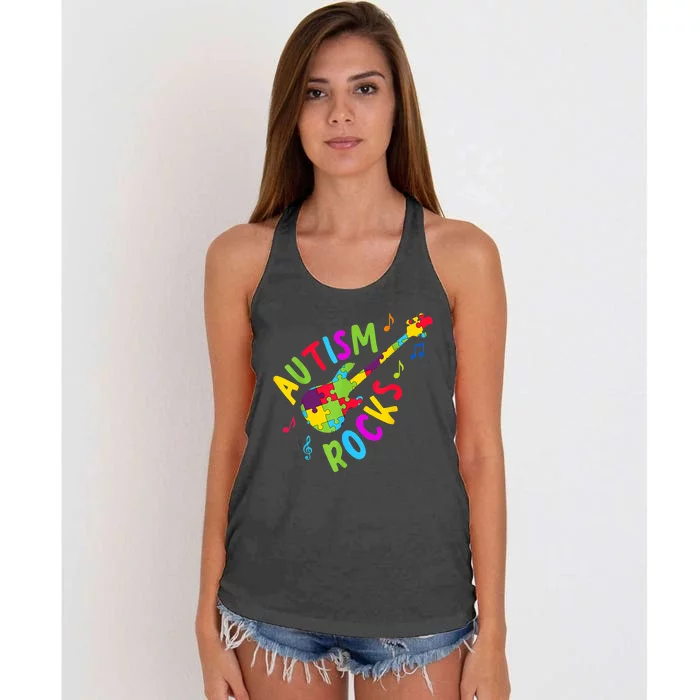 Autism Rocks Autism Awareness Guitar Puzzle Pieces Women's Knotted Racerback Tank