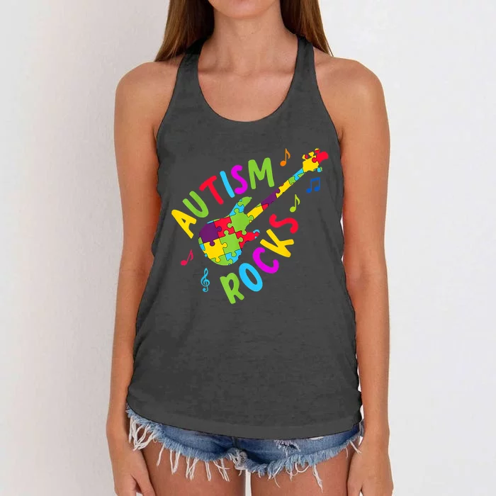 Autism Rocks Autism Awareness Guitar Puzzle Pieces Women's Knotted Racerback Tank