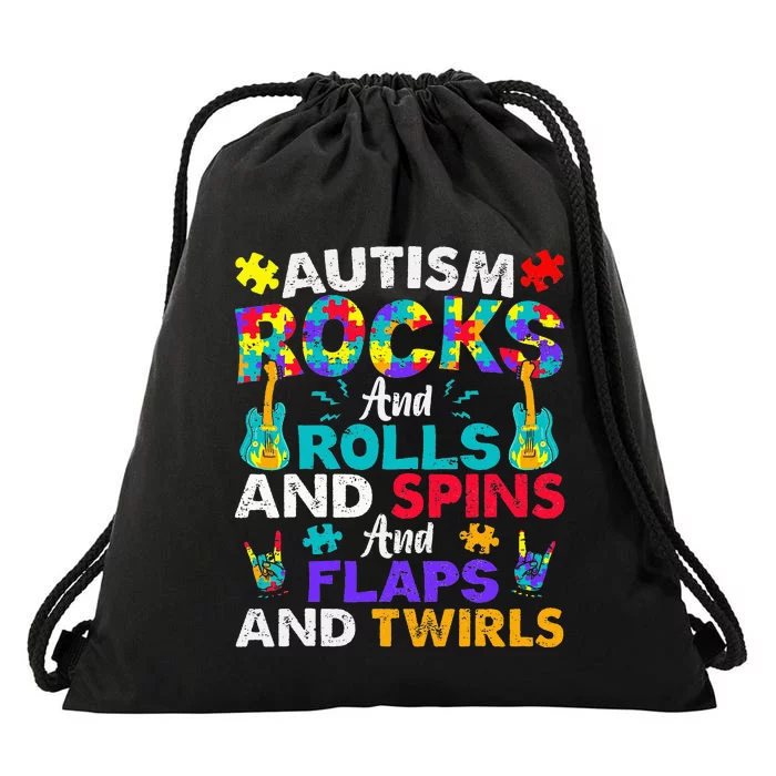 Autism Rocks And Rolls Funny Autism Awareness Month Drawstring Bag