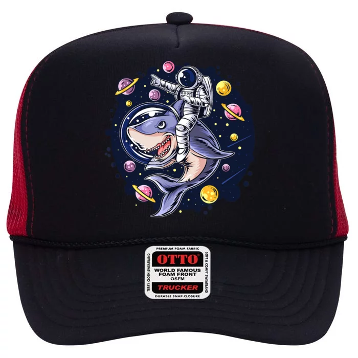 Astronauts Ride A Shark In Space ( Galaxy ) With The Planets High Crown Mesh Trucker Hat