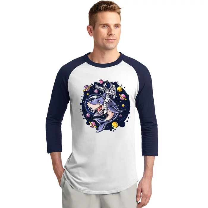 Astronauts Ride A Shark In Space ( Galaxy ) With The Planets Baseball Sleeve Shirt