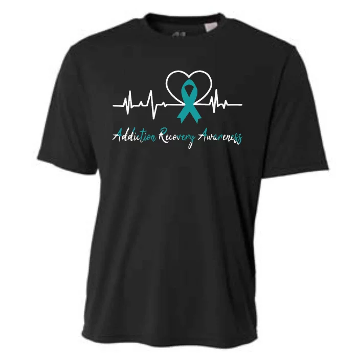 Addiction Recovery Awareness Heartbeat Teal Ribbon Support Cooling Performance Crew T-Shirt