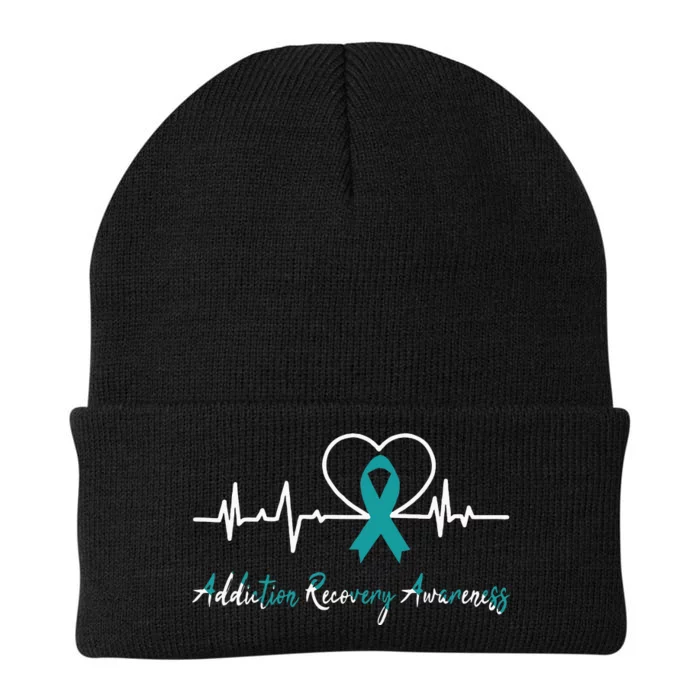 Addiction Recovery Awareness Heartbeat Teal Ribbon Support Knit Cap Winter Beanie