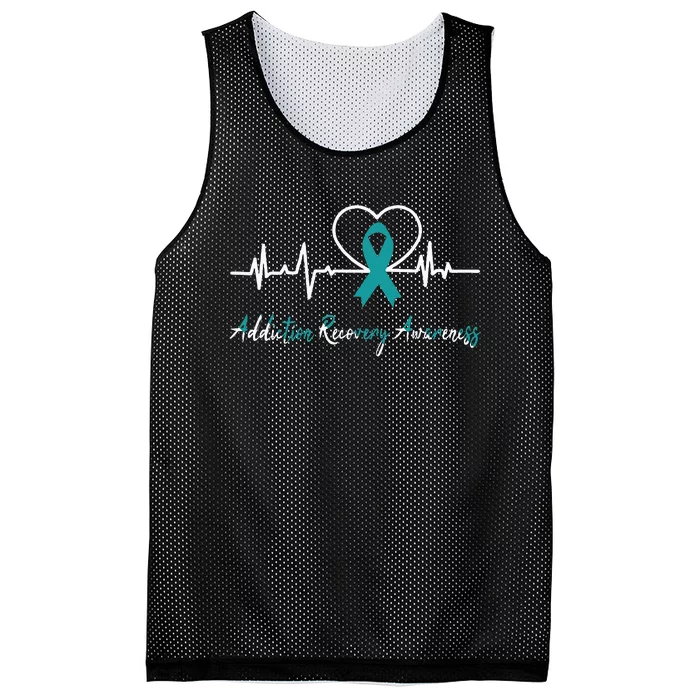 Addiction Recovery Awareness Heartbeat Teal Ribbon Support Mesh Reversible Basketball Jersey Tank