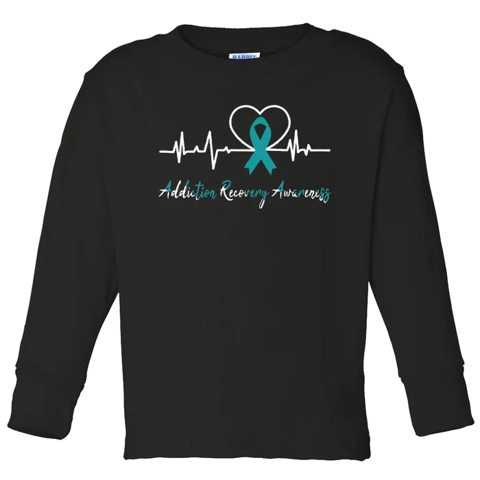 Addiction Recovery Awareness Heartbeat Teal Ribbon Support Toddler Long Sleeve Shirt