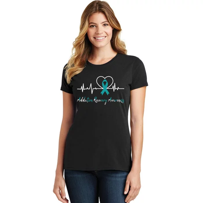 Addiction Recovery Awareness Heartbeat Teal Ribbon Support Women's T-Shirt