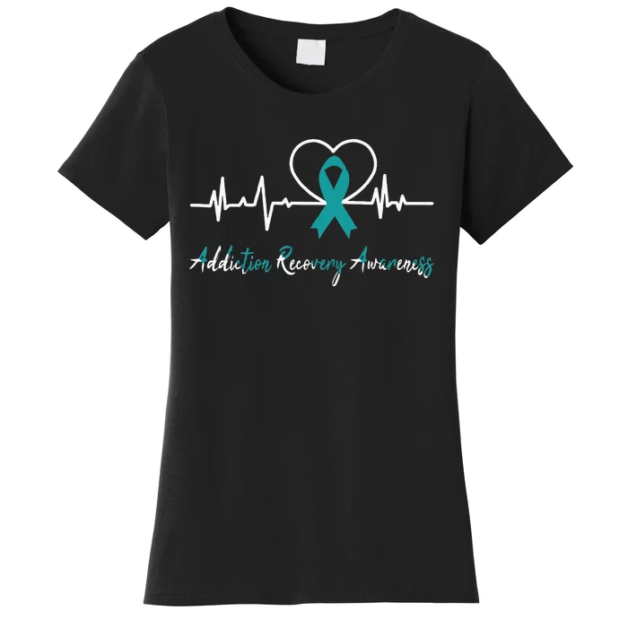 Addiction Recovery Awareness Heartbeat Teal Ribbon Support Women's T-Shirt