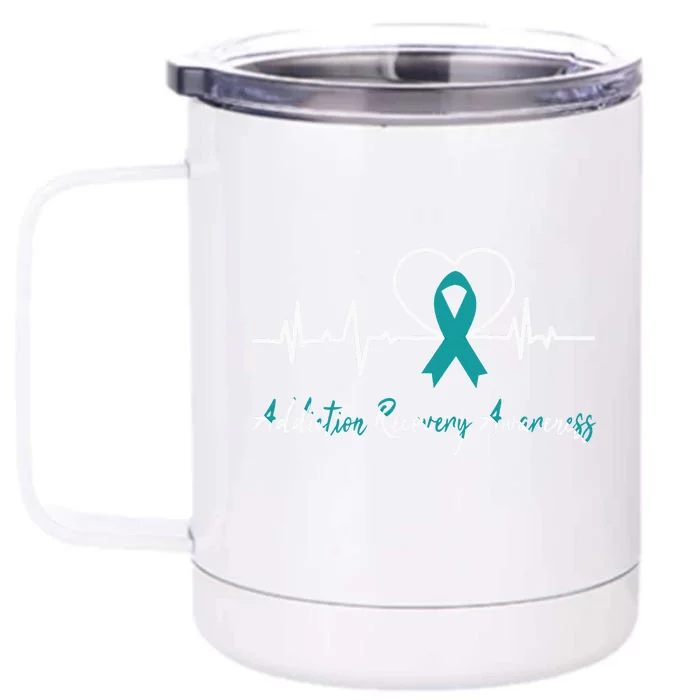 Addiction Recovery Awareness Heartbeat Teal Ribbon Support Front & Back 12oz Stainless Steel Tumbler Cup