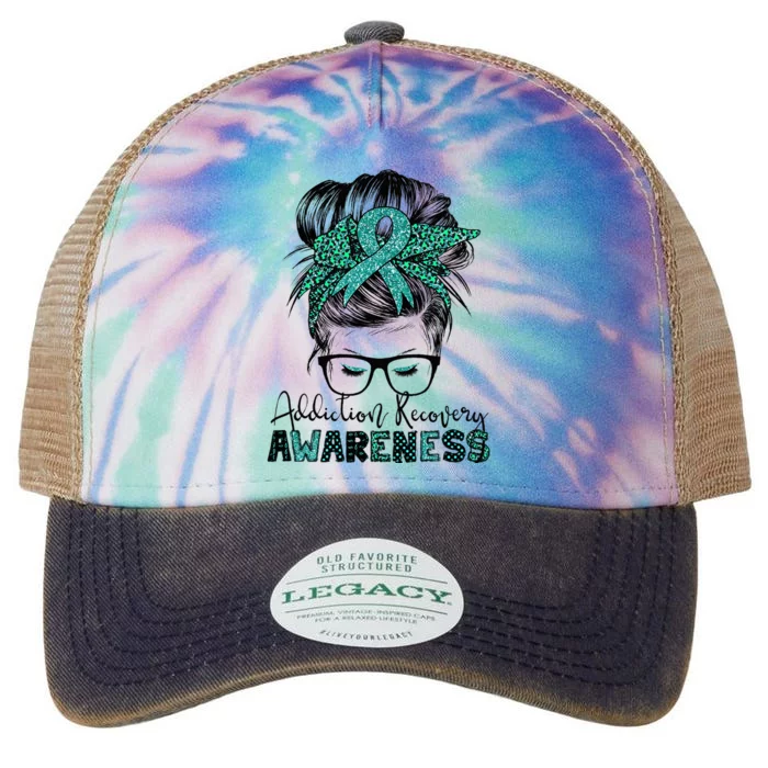 Addiction Recovery Awareness messy hair bun Legacy Tie Dye Trucker Hat