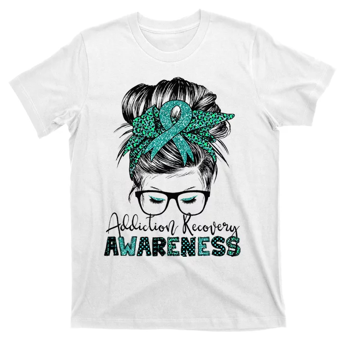 Addiction Recovery Awareness messy hair bun T-Shirt