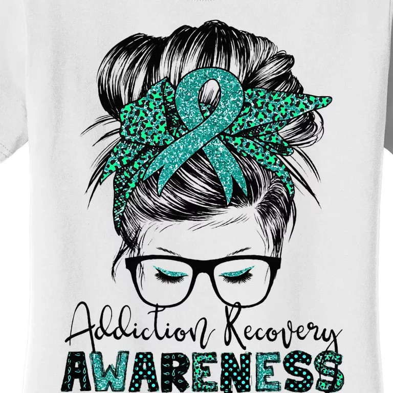 Addiction Recovery Awareness messy hair bun Women's T-Shirt