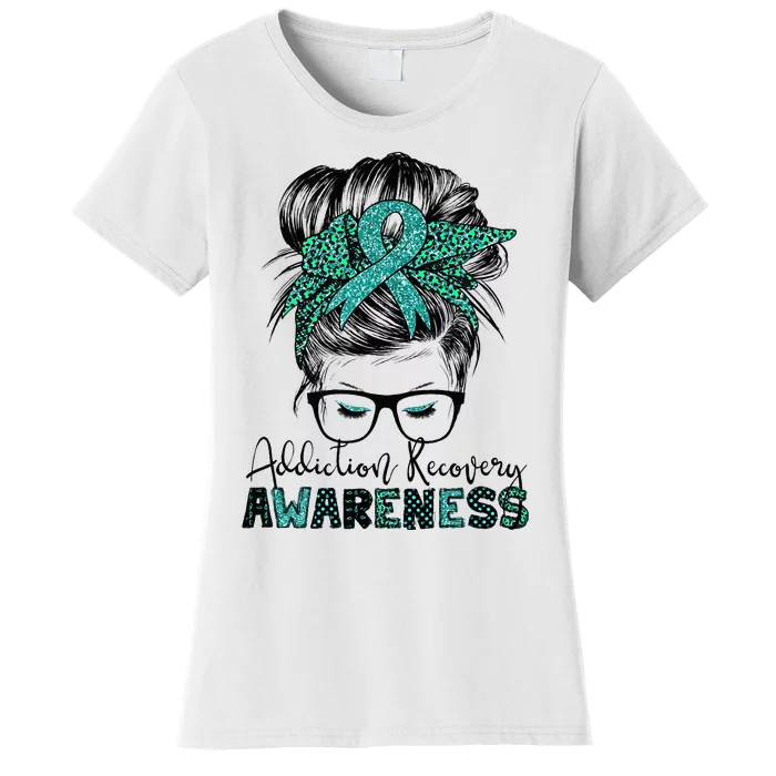 Addiction Recovery Awareness messy hair bun Women's T-Shirt