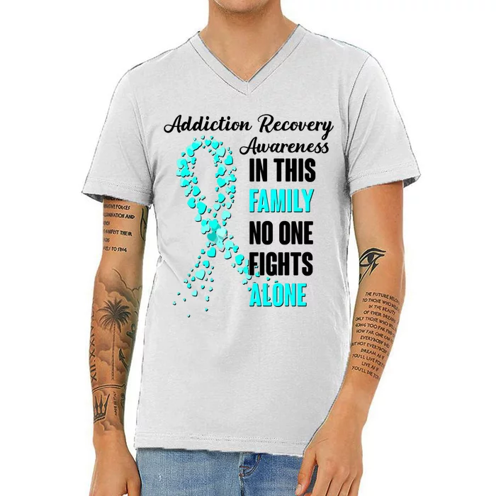 Addiction Recovery Awareness In This Family No One Fight Alone V-Neck T-Shirt