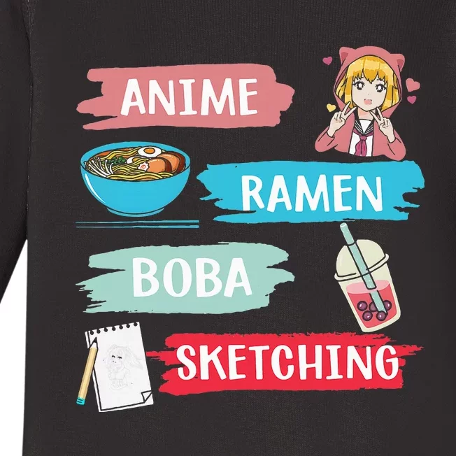 Anime Ramen Boba Sketching Kawaii Anime Lover Merch Gift Baby Long Sleeve Bodysuit