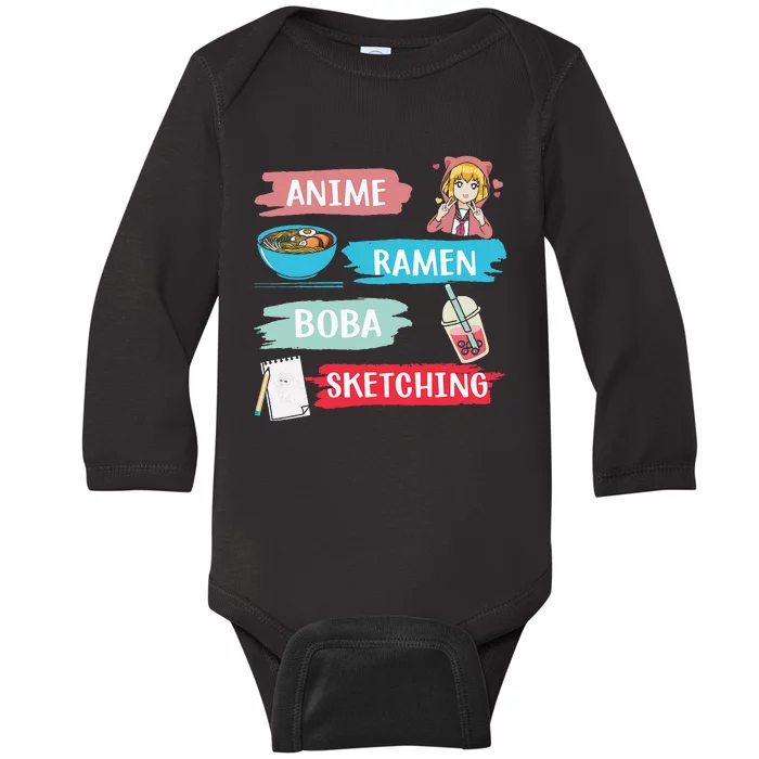 Anime Ramen Boba Sketching Kawaii Anime Lover Merch Gift Baby Long Sleeve Bodysuit