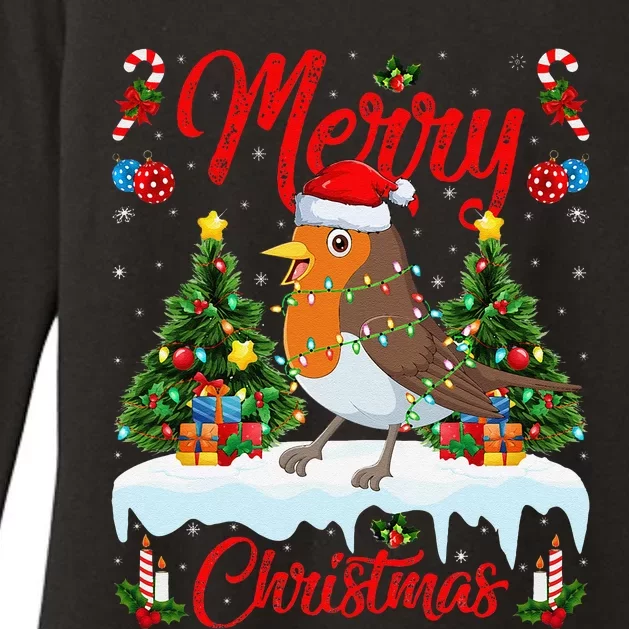 American Robin Bird Merry Christmas Tree Lighting Santa Xmas Womens CVC Long Sleeve Shirt