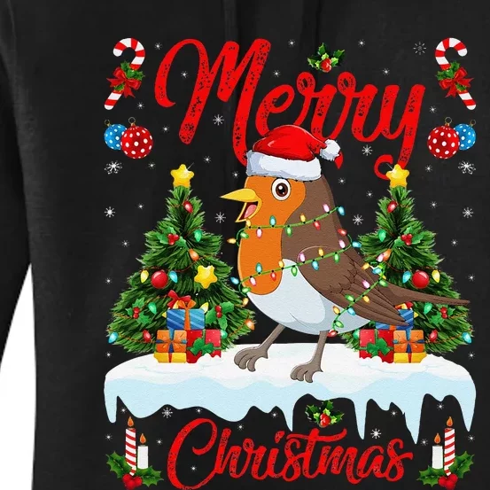 American Robin Bird Merry Christmas Tree Lighting Santa Xmas Women's Pullover Hoodie