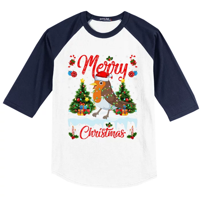 American Robin Bird Merry Christmas Tree Lighting Santa Xmas Baseball Sleeve Shirt