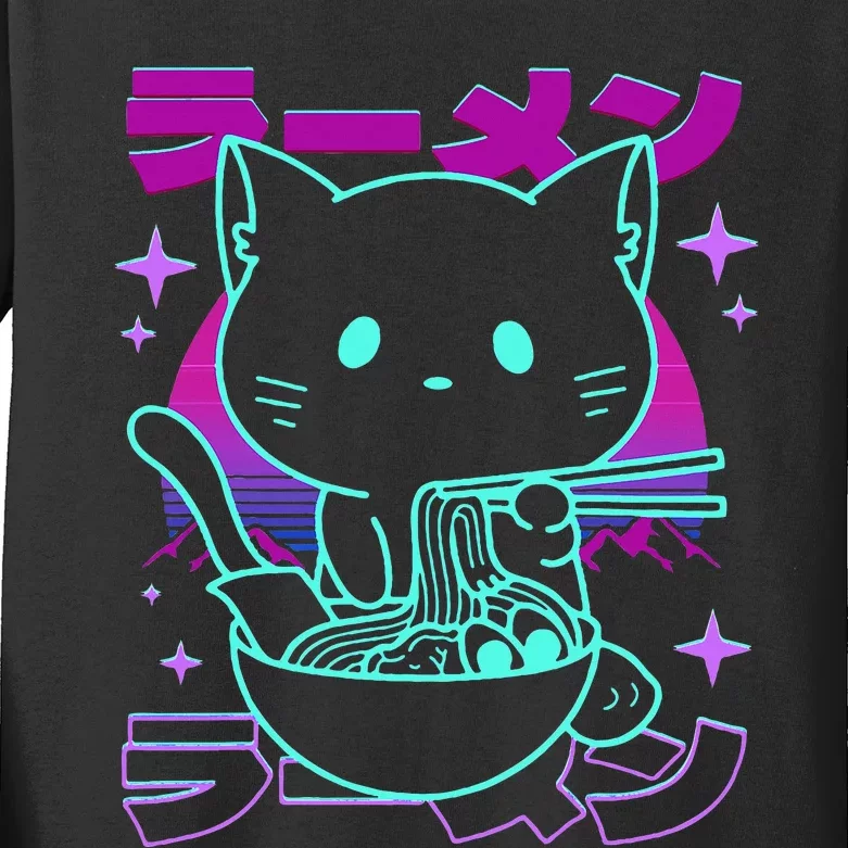 Anime Ramen Cat Retro Japanese Noodles Aesthetic Kawaii Cat Kids Long Sleeve Shirt