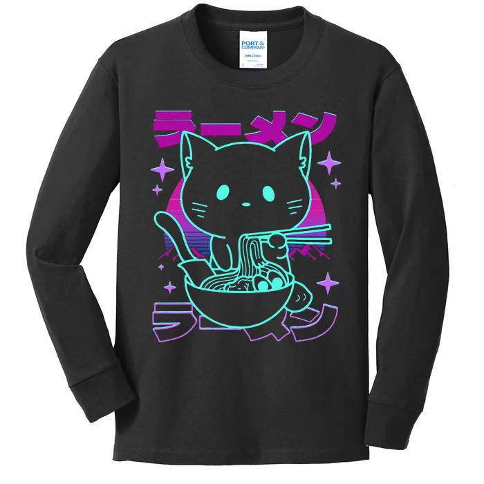 Anime Ramen Cat Retro Japanese Noodles Aesthetic Kawaii Cat Kids Long Sleeve Shirt