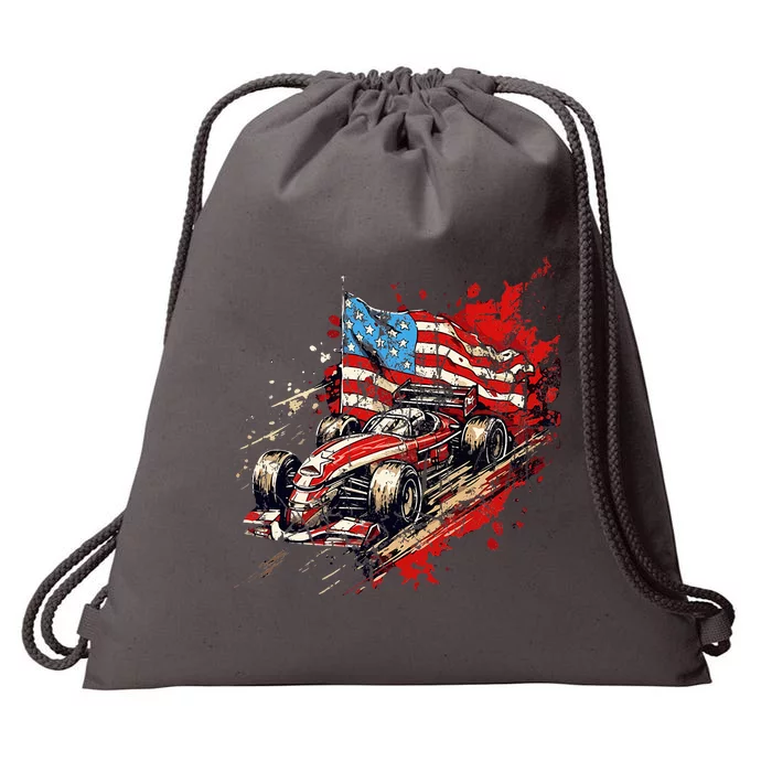 Auto Racing Car American Flag 4th Of July Drawstring Bag