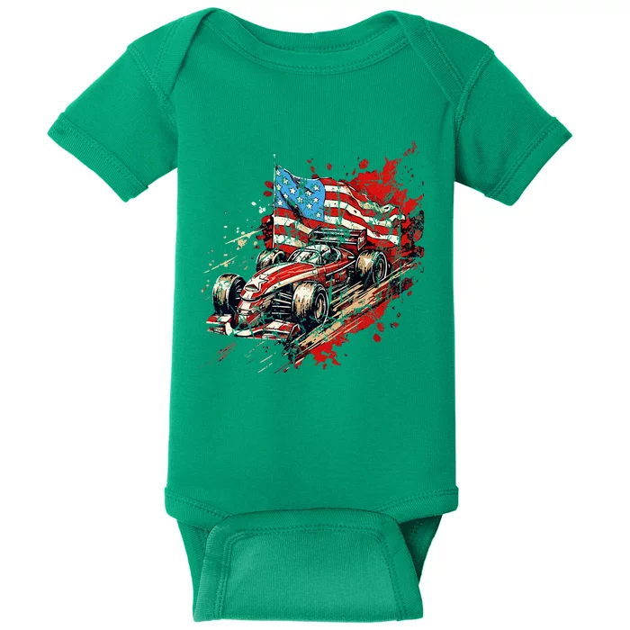 Auto Racing Car American Flag 4th Of July Baby Bodysuit