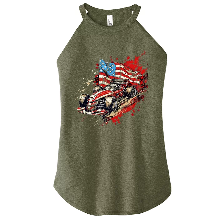 Auto Racing Car American Flag 4th Of July Women’s Perfect Tri Rocker Tank