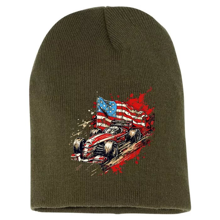 Auto Racing Car American Flag 4th Of July Short Acrylic Beanie