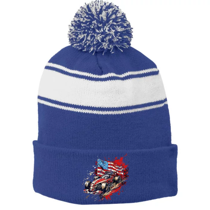 Auto Racing Car American Flag 4th Of July Stripe Pom Pom Beanie