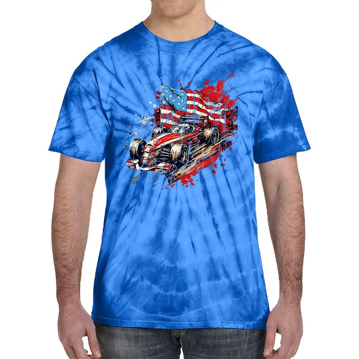 Auto Racing Car American Flag 4th Of July Tie-Dye T-Shirt