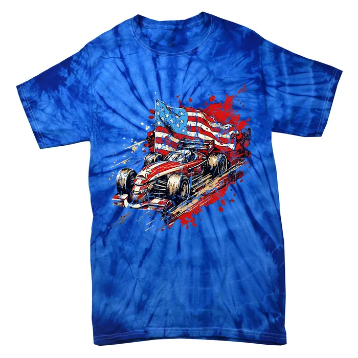 Auto Racing Car American Flag 4th Of July Tie-Dye T-Shirt