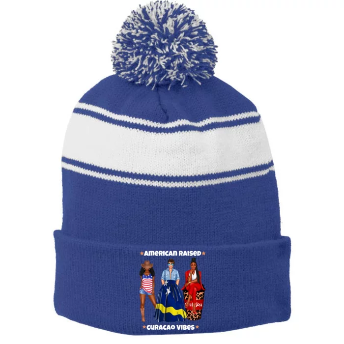 American Raised Curacao Vibes Born In South America Dna Gift Stripe Pom Pom Beanie