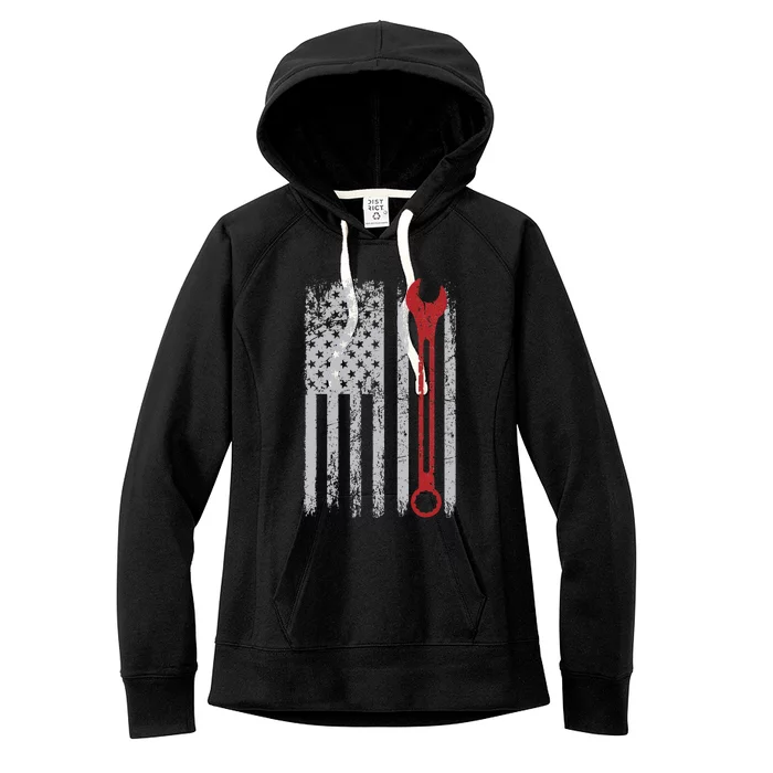 Auto Repairman Car Mechanic Wrench Workshop Tools USA Flag Women's Fleece Hoodie