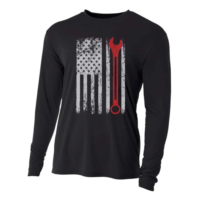 Auto Repairman Car Mechanic Wrench Workshop Tools USA Flag Cooling Performance Long Sleeve Crew