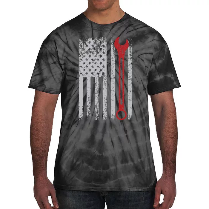 Auto Repairman Car Mechanic Wrench Workshop Tools USA Flag Tie-Dye T-Shirt