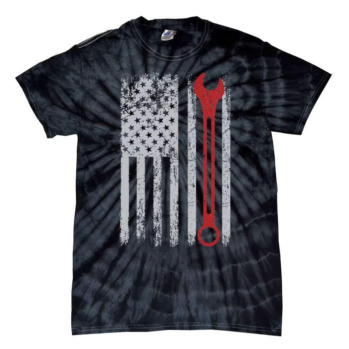 Auto Repairman Car Mechanic Wrench Workshop Tools USA Flag Tie-Dye T-Shirt