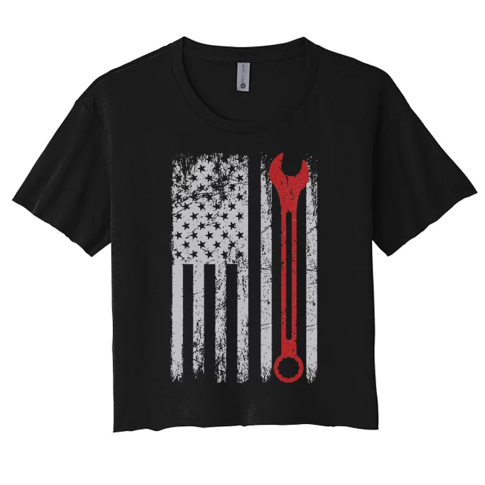 Auto Repairman Car Mechanic Wrench Workshop Tools USA Flag Women's Crop Top Tee