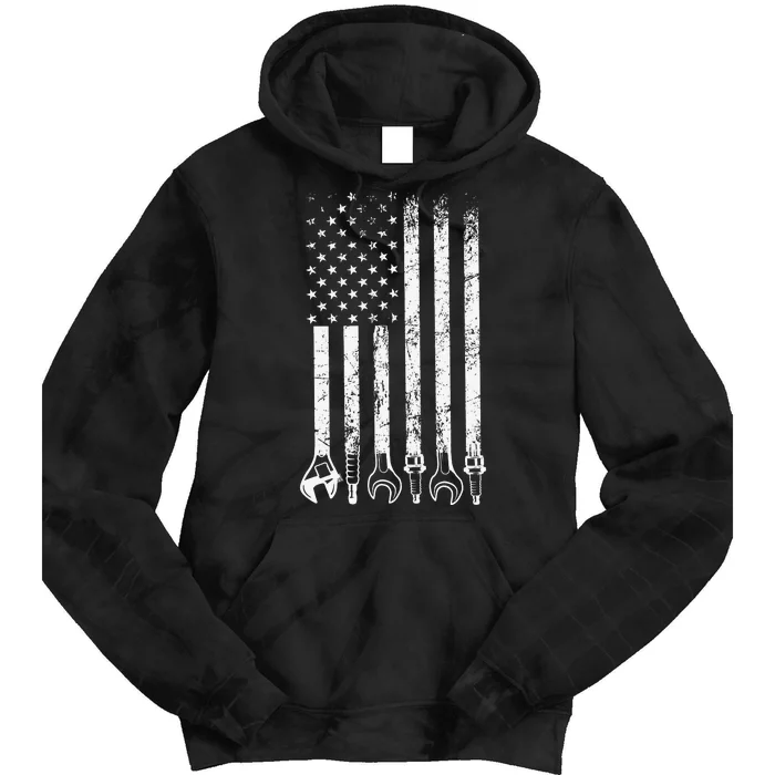 Auto Repairman Car Mechanic Wrench Workshop Tools USA Flag Tie Dye Hoodie