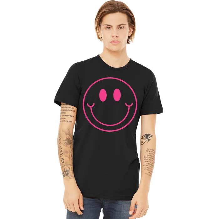 70s Cute Pink Smile Face Peace Happy Smiling Face Premium T-Shirt