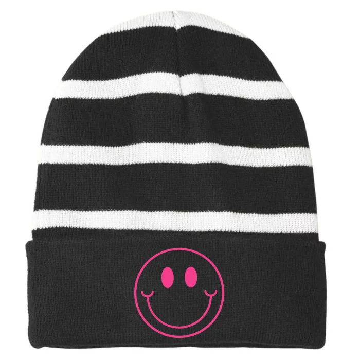 70s Cute Pink Smile Face Peace Happy Smiling Face Striped Beanie with Solid Band