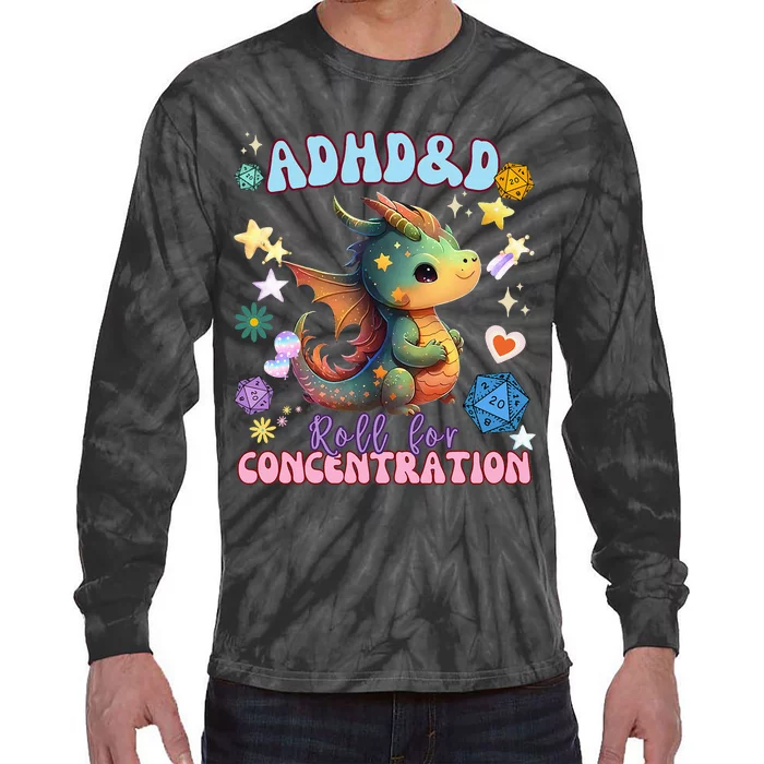 ADHD&D Roll For Concentration Cute Watercolor Dragon Tie-Dye Long Sleeve Shirt