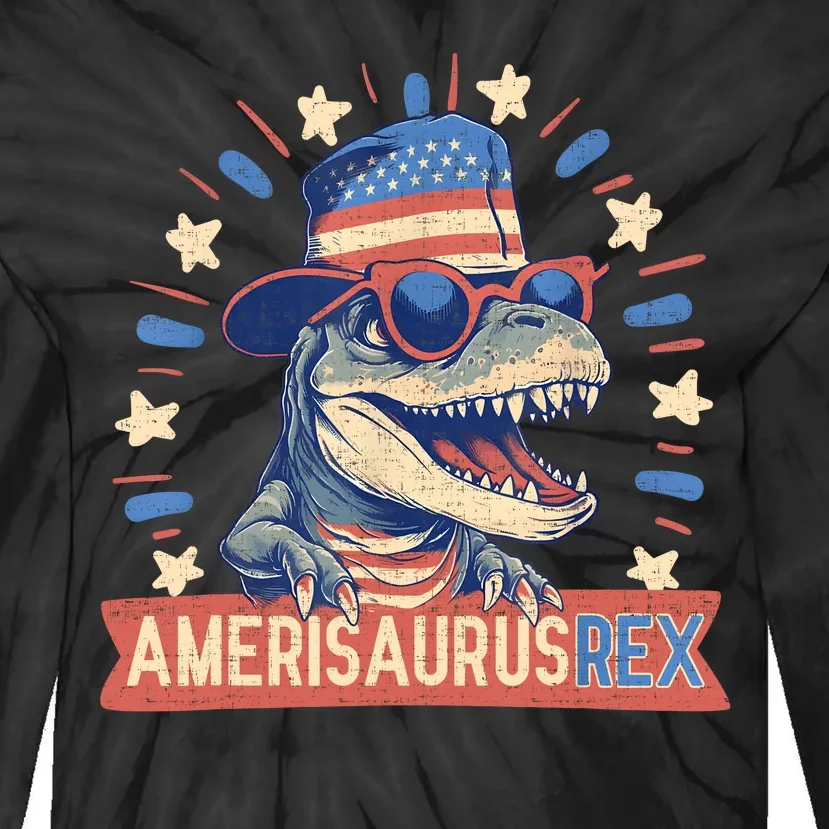 Amerisaurus Rex Funny Dinosaur American Flag 4th Of July Tie-Dye Long Sleeve Shirt