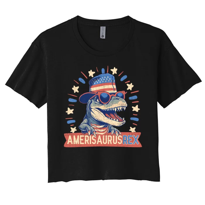 Amerisaurus Rex Funny Dinosaur American Flag 4th Of July Women's Crop Top Tee